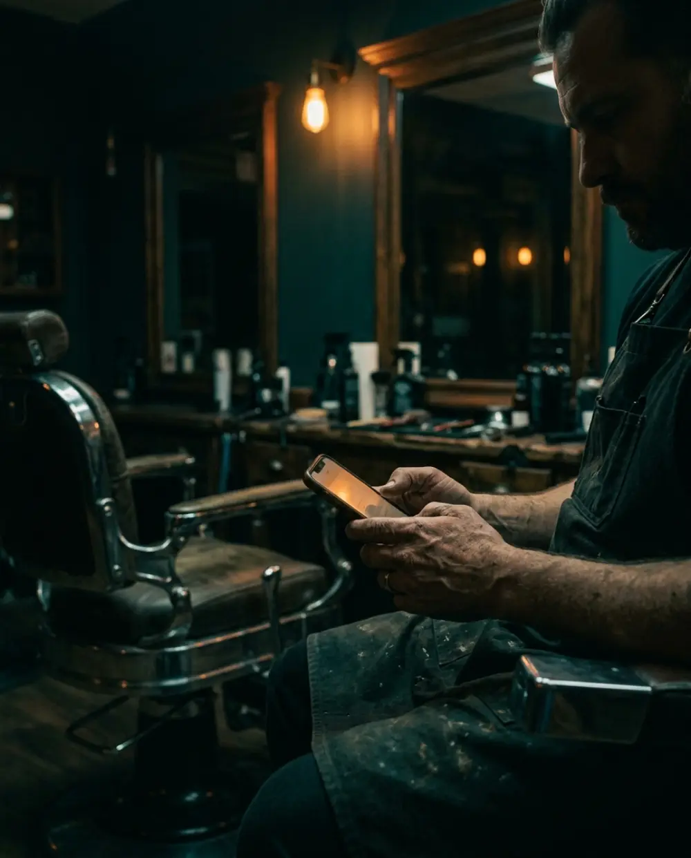 Barbeiro conferindo o celular na barbearia
